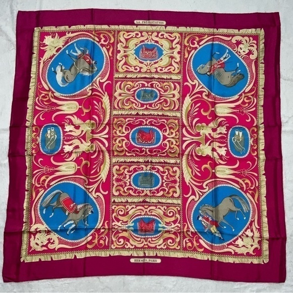 Hermes 100% Silk Scarf “LA PRESENTATIONS” Purple Knight Carriage Carre 90 - Picture 1 of 15